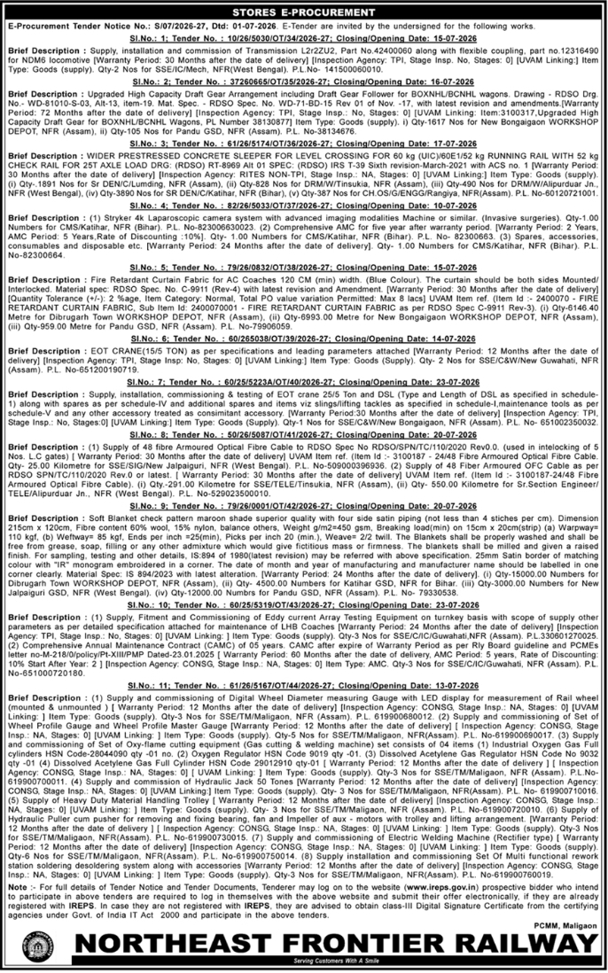 Tender Notice: E-Procurement Tenders by Northeast Frontier Railway