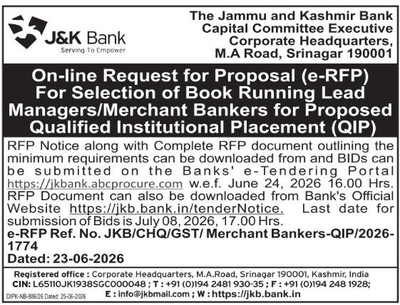 Tender Notice: e-RFP for Merchant Bankers by J&K Bank