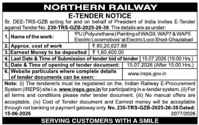 Tender Notice: Electric Locomotive Painting Northern Railway Ghaziabad