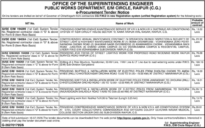 Tender Notice: Electrical and Mechanical Maintenance and Installation Works for Public Works Department, Raipur
