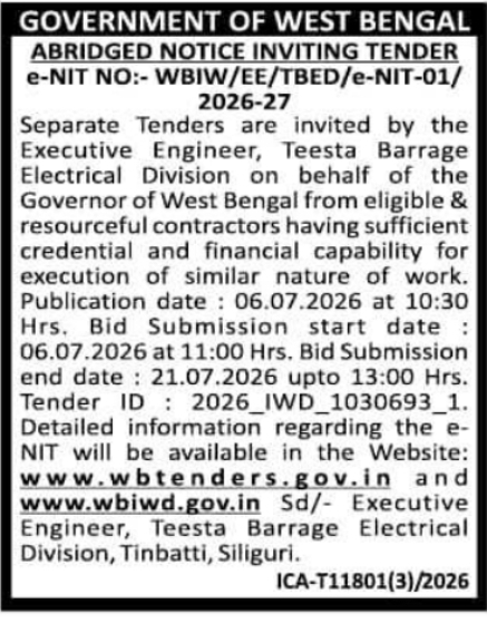 Tender Notice: Electrical Division Works by Teesta Barrage