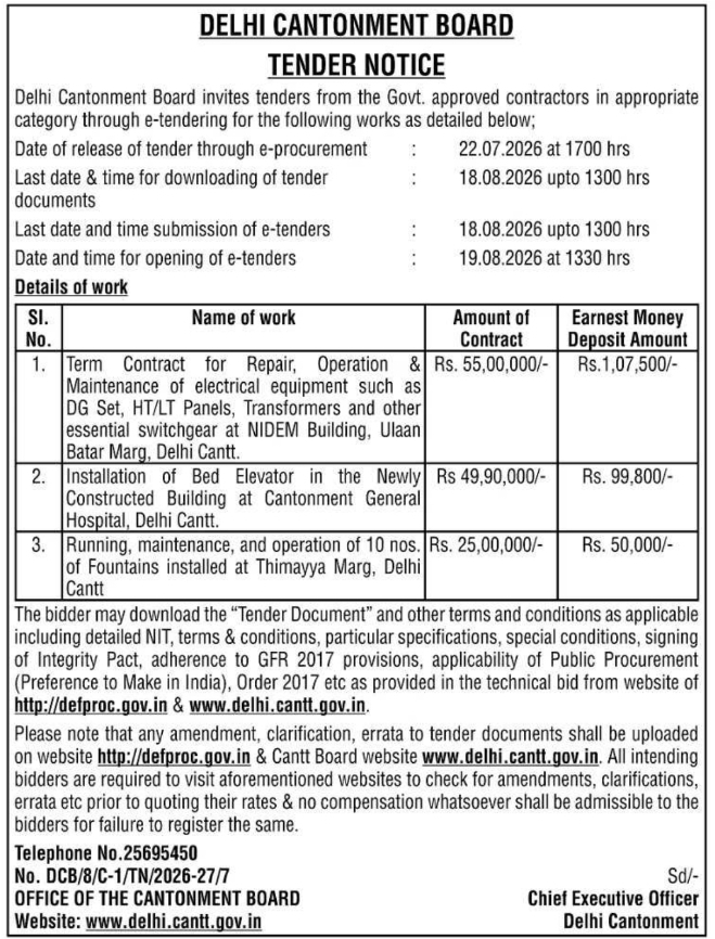 Tender Notice: Electrical Equipment, Elevator Installation & Fountain Operations