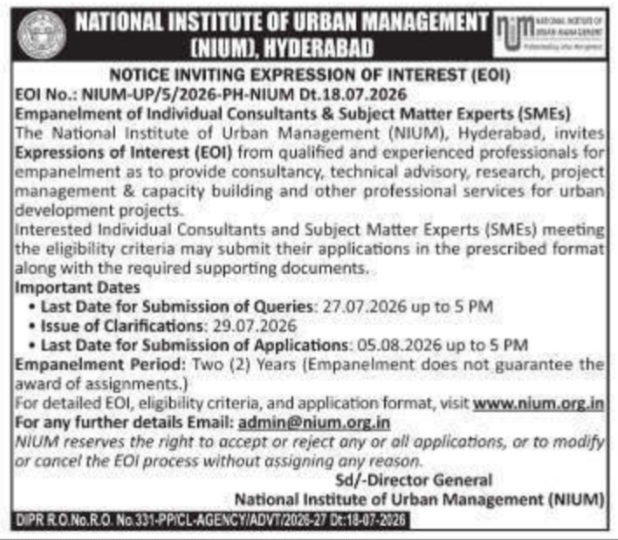 Tender Notice: Empanelment of Individual Consultants & Subject Matter Experts