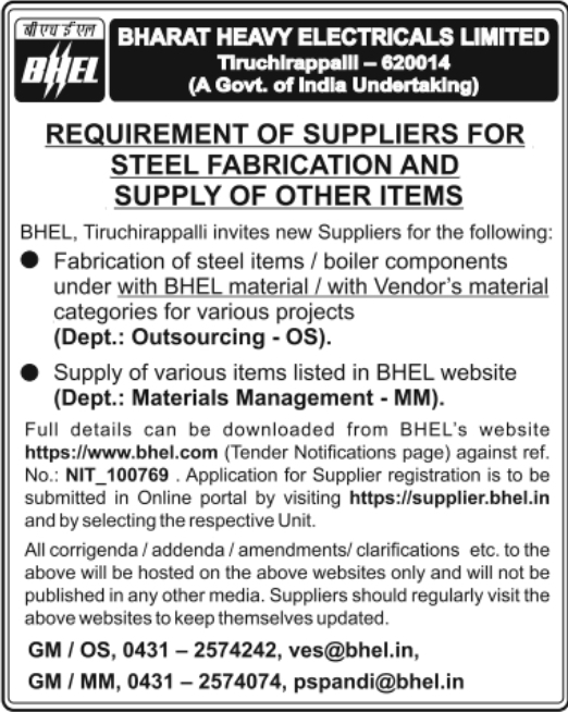 Tender Notice: Empanelment of Suppliers for Steel Fabrication and Material Supply by BHEL