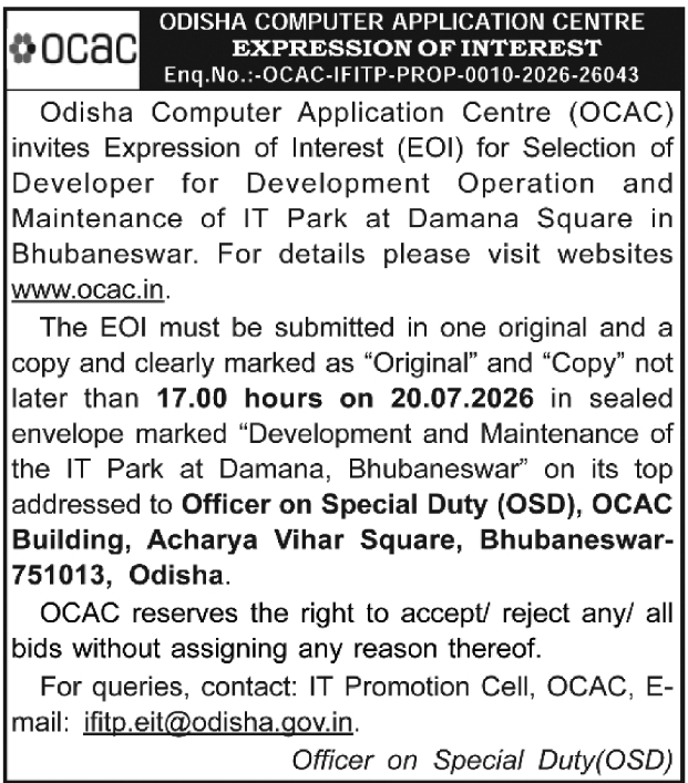 Tender Notice: EOI for IT Park Development by OCAC