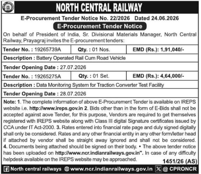 Tender Notice: Equipment Procurement by North Central Railway