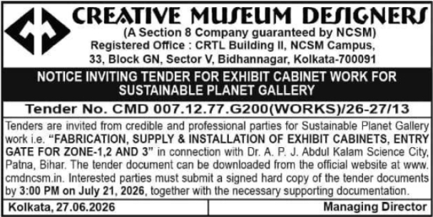 Tender Notice: Exhibit Cabinet Fabrication, Creative Museum Designers