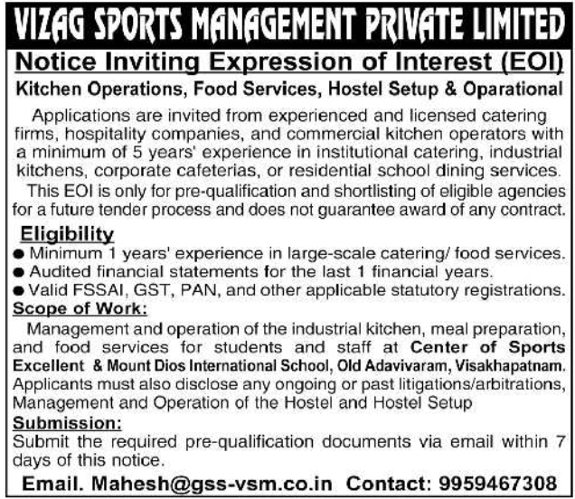 Tender Notice: Expression of Interest for Catering and Hostel Operations by Vizag Sports Management