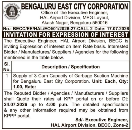 Tender Notice: Expression of Interest for Supply of Garbage Suction Machine
