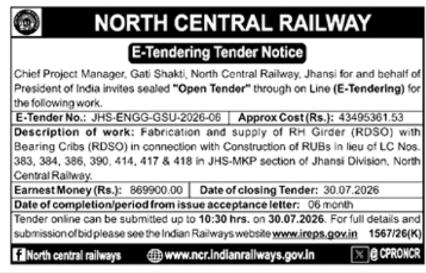 Tender Notice: Fabrication and Supply of RH Girders for Jhansi Division