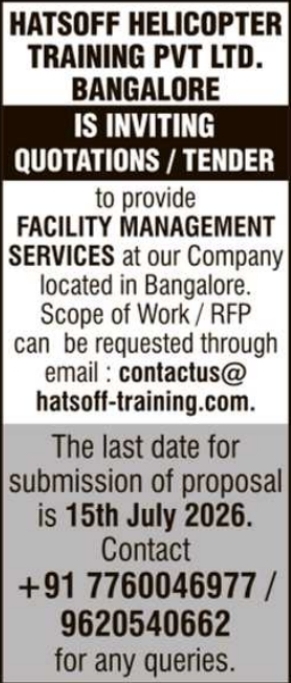Tender Notice: Facility Management Services at Hatsoff Helicopter Training