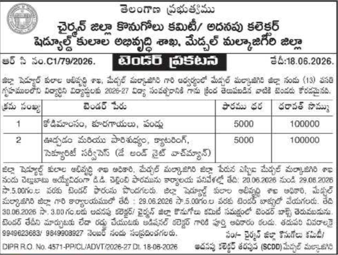 Tender Notice: Food Supply and Security Services Medchal-Malkajgiri SCDD