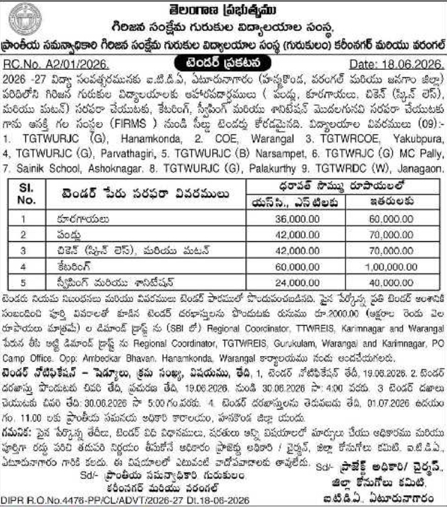 Tender Notice: Food Supply and Services TTWREIS Karimnagar and Warangal