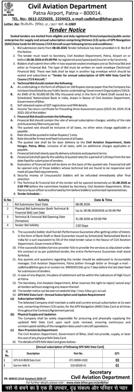 Tender Notice for Aircraft GPS Data Cards by Civil Aviation Department