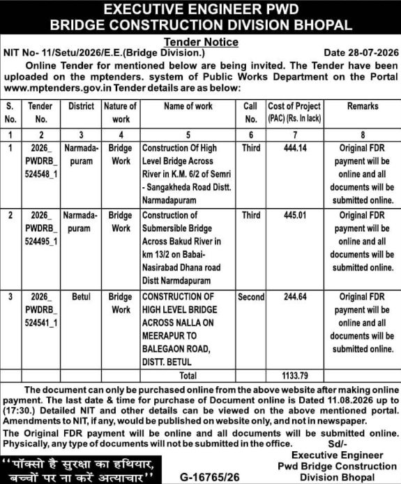 Tender Notice for Bridge Construction by PWD Bhopal