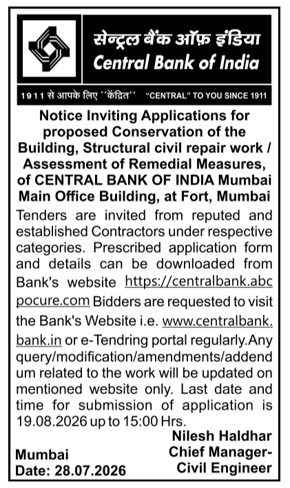 Tender Notice for Building Conservation and Structural Repairs by CBI