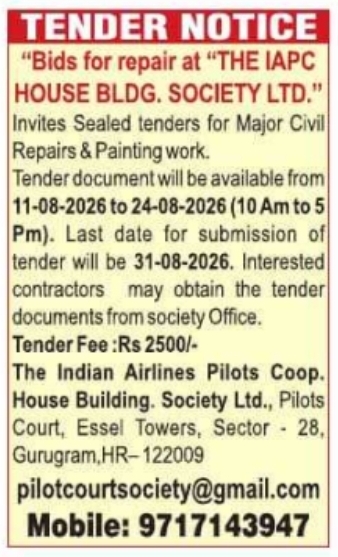Tender Notice for Building Repairs by Indian Airlines Pilots Cooperative Society