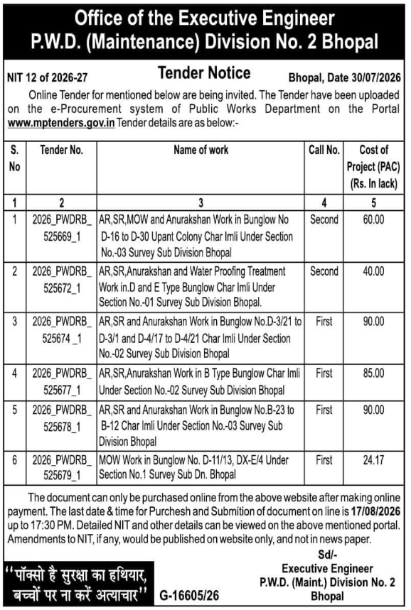 Tender Notice for Bungalow Maintenance and Waterproofing Works