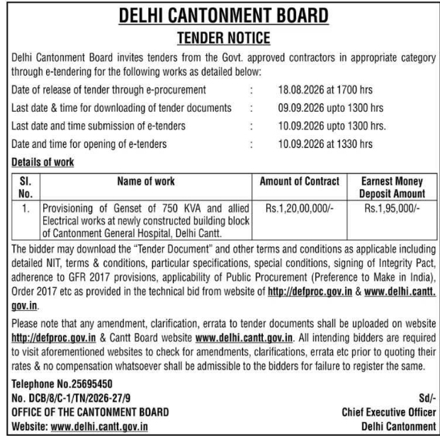 Tender Notice for Cantonment General Hospital Electrical Works by Delhi Cantt Board