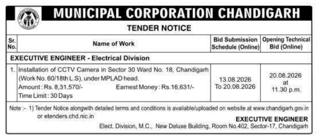 Tender Notice for CCTV Camera Installation by Municipal Corporation Chandigarh