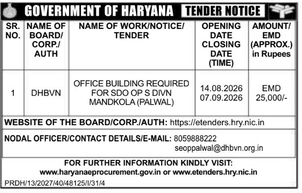 Tender Notice for Commercial Office Building Lease by DHBVN Mandkola