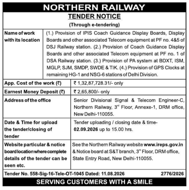 Tender Notice for Display Boards and Telecom Equipment by Northern Railway