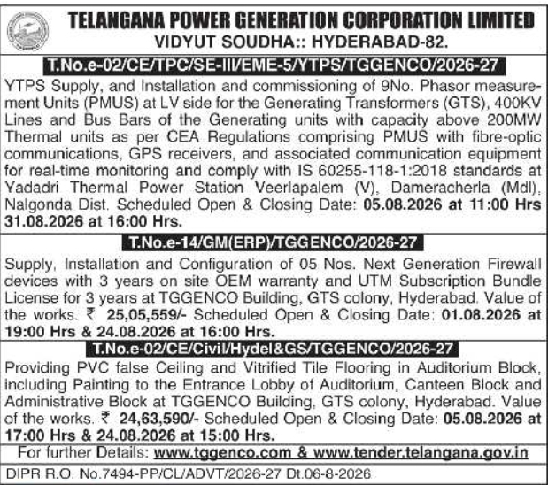 Tender Notice for Engineering and Civil Works by TGGENCO Hyderabad