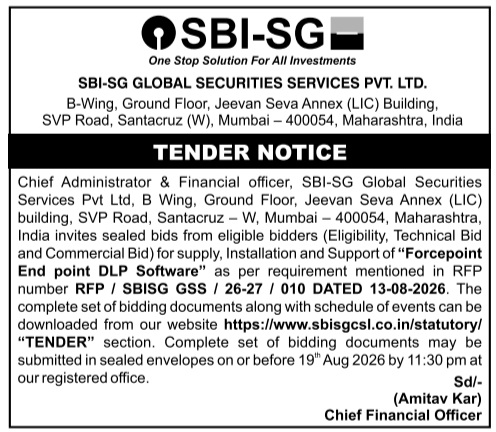 Tender Notice for Forcepoint End Point DLP Software by SBI-SG Global Securities Services Pvt Ltd