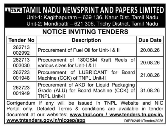 Tender Notice for Fuel Oil and Materials Procurement by TNPL