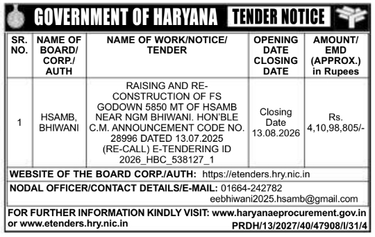 Tender Notice for Godown Reconstruction by HSAMB Bhiwani