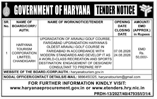 Tender Notice for Golf Course Designer Selection by HTC Chandigarh