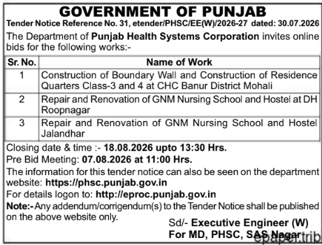 Tender Notice for Healthcare Infrastructure Works by Punjab Health Systems Corporation