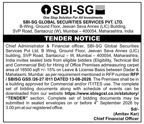 Tender Notice for Hiring Office Premises by SBI-SG Global Securities Services Pvt Ltd