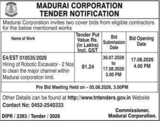 Tender Notice for Hiring Robotic Excavators by Madurai Corporation