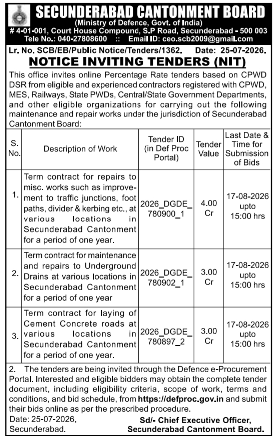 Tender Notice for Infrastructure Works by Secunderabad Cantonment Board