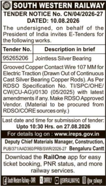 Tender Notice for Jointless Silver Bearing Copper Wire by South Western Railway