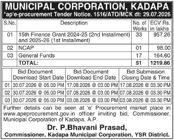 Tender Notice for Kadapa Municipal Corporation Works