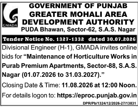 Tender Notice for Maintenance of Horticulture Works by GMADA