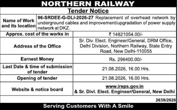 Tender Notice for Overhead Network Replacement by Northern Railway