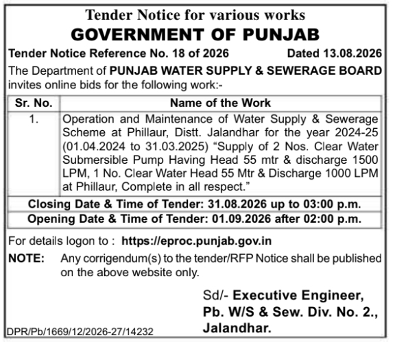 Tender Notice for Pump Supply & Maintenance by Punjab Water Supply & Sewerage Board