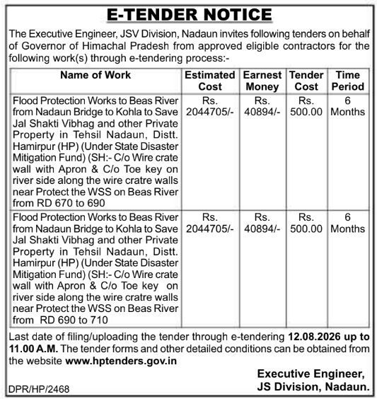 Tender Notice for River Flood Protection Works by JSV Nadaun