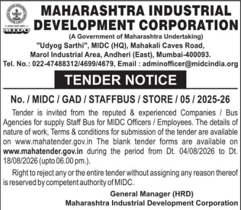 Tender Notice for Staff Bus Procurement by MIDC