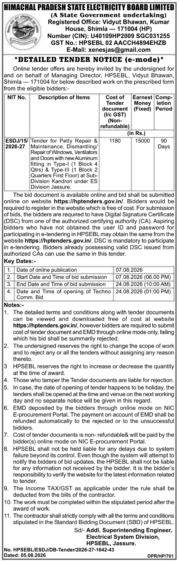 Tender Notice for Substation Petty Repair and Maintenance by HPSEBL Jassure