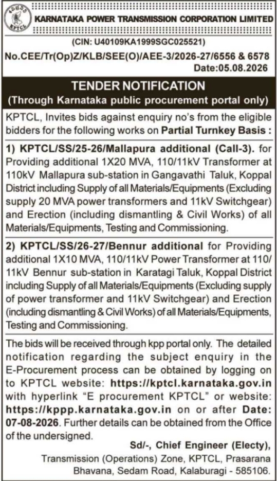 Tender Notice for Substation Power Transformers by KPTCL Kalaburagi