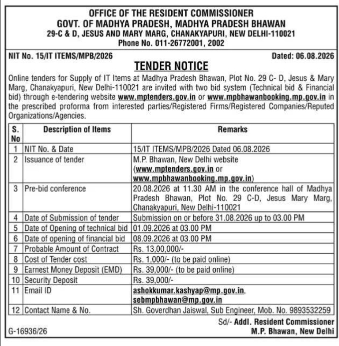 Tender Notice for Supply of IT Items by Office of the Resident Commissioner