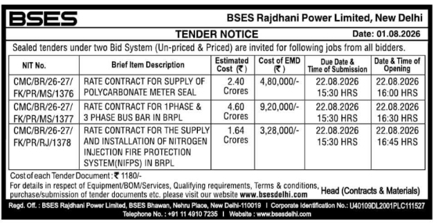 Tender Notice for Supply of Meter Seals, Bus Bars, and NIFPS by BRPL