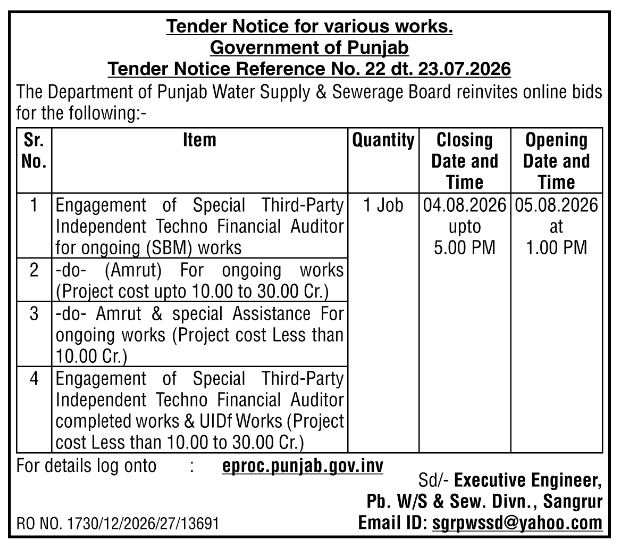 Tender Notice for Techno Financial Auditor Engagement