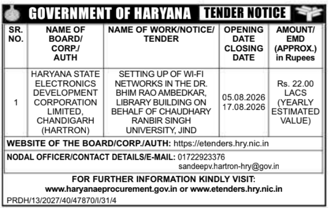 Tender Notice for University Library Wi-Fi Networks Setup
