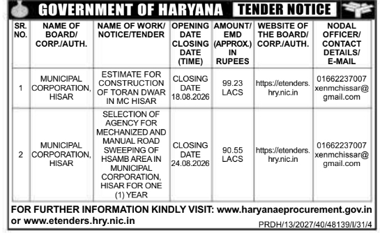 Tender Notice for Urban Infrastructure Sweeping and Gate Engineering by MC Hisar