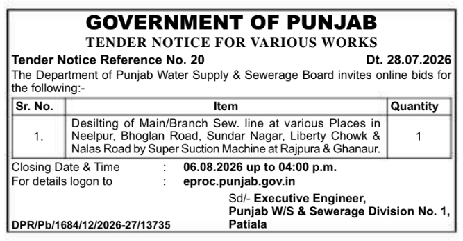 Tender Notice for Various Works by Government of Punjab